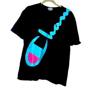 Y2K Champion retro t-shirt spell out cursive script pop of color unisex sizing